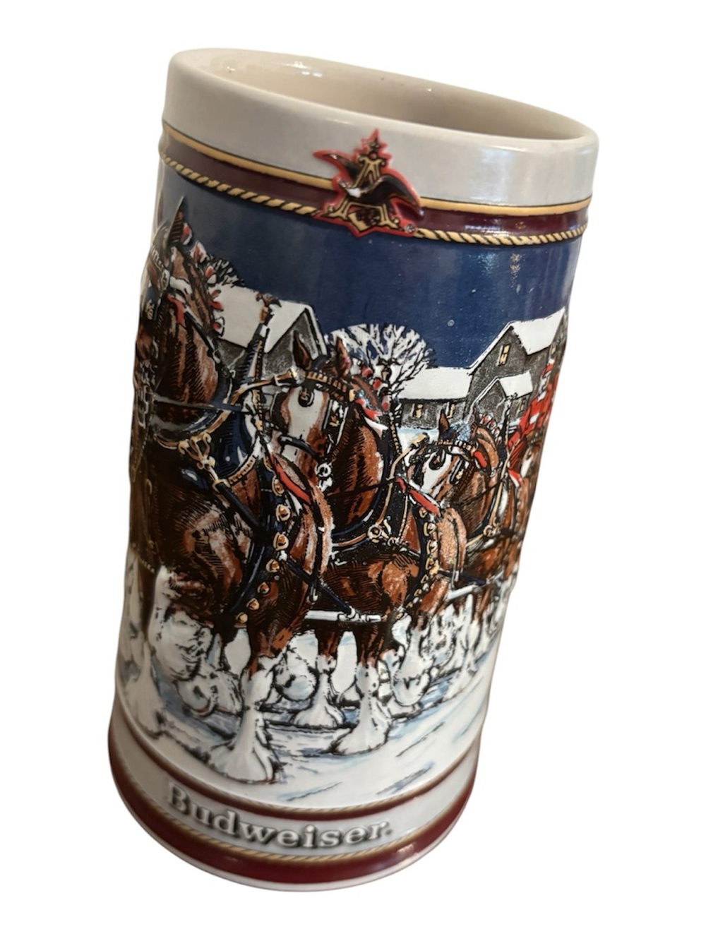 Vintage Budweiser Blue and Red Clydesdale Ceramic Mug Beer Stein